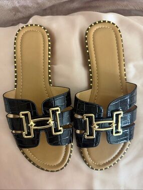 Black Croc-Embossed Slide Sandals with Gold Hardware